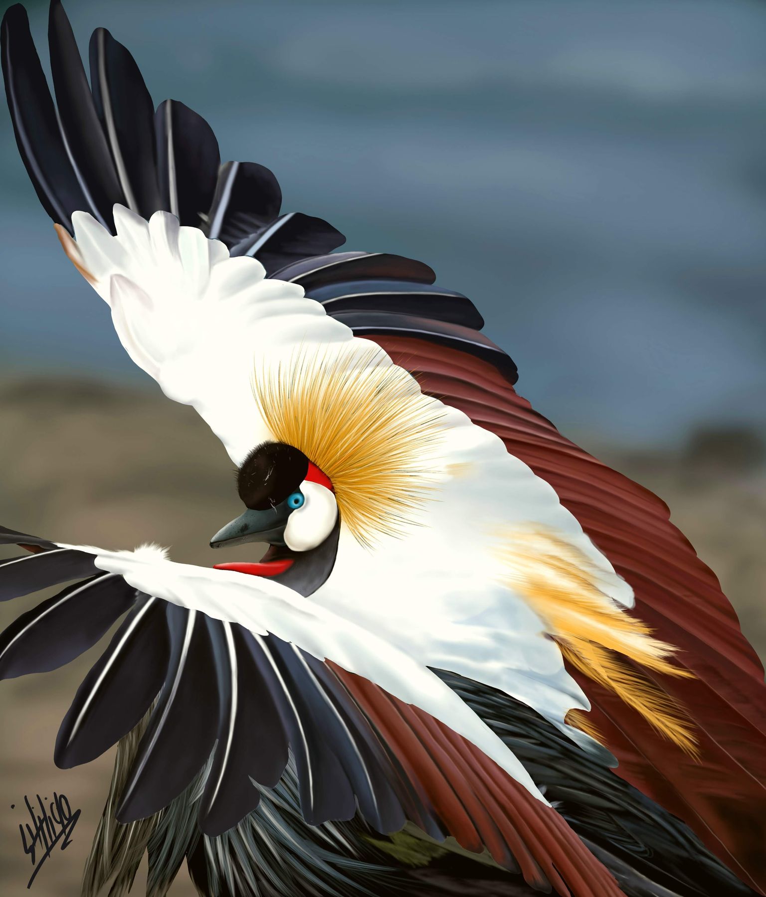 Crowned crane digital illustration by Mona Sani